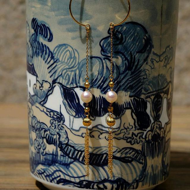 尤达大师同款18K金akoya扭扭糖耳环